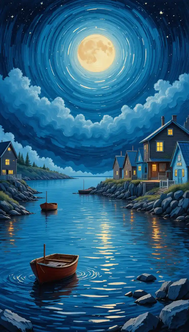 Peaceful moonlit harbor with small houses and boats