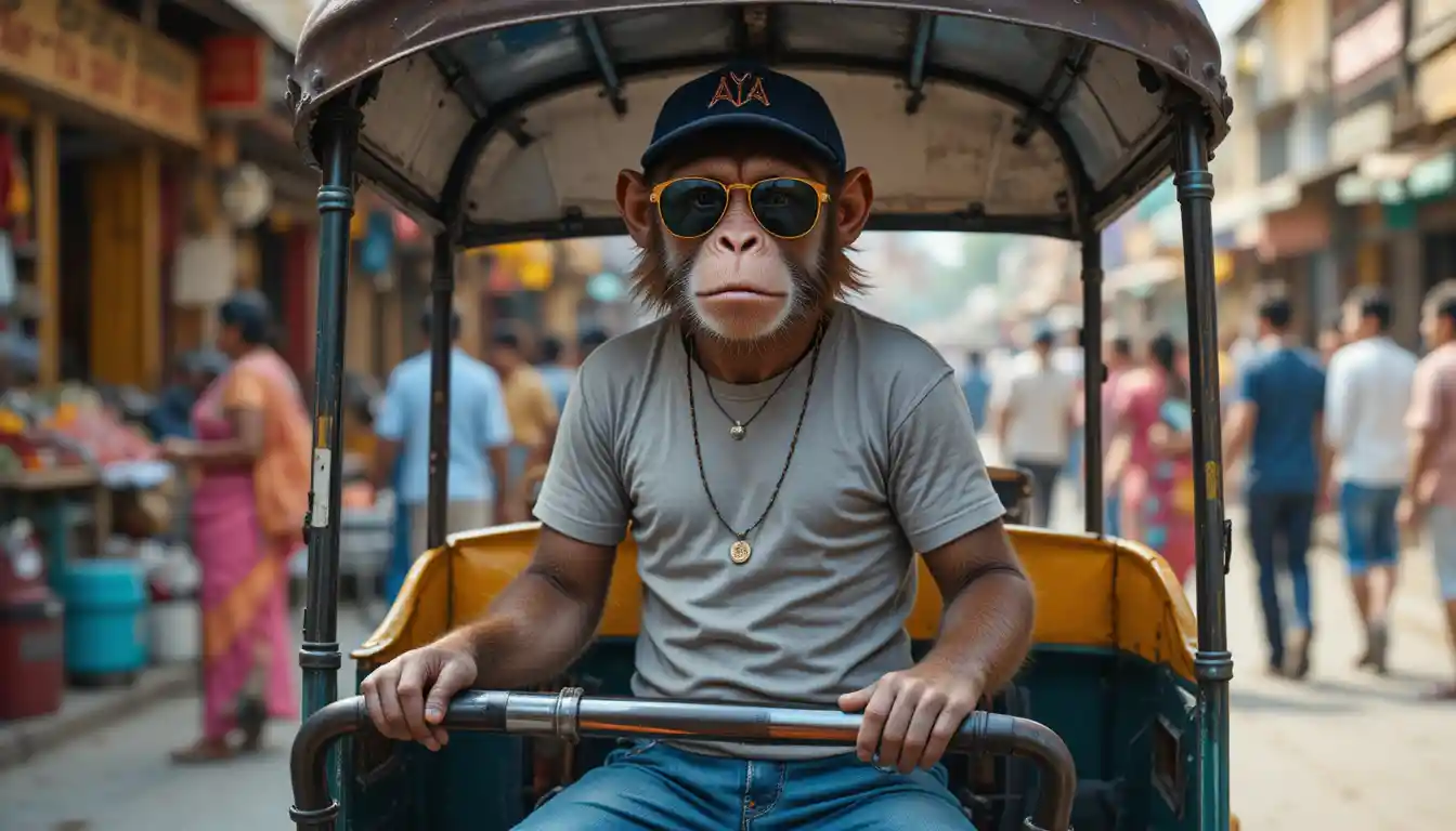 Humanlike monkey beside auto rickshaw in Indian street market