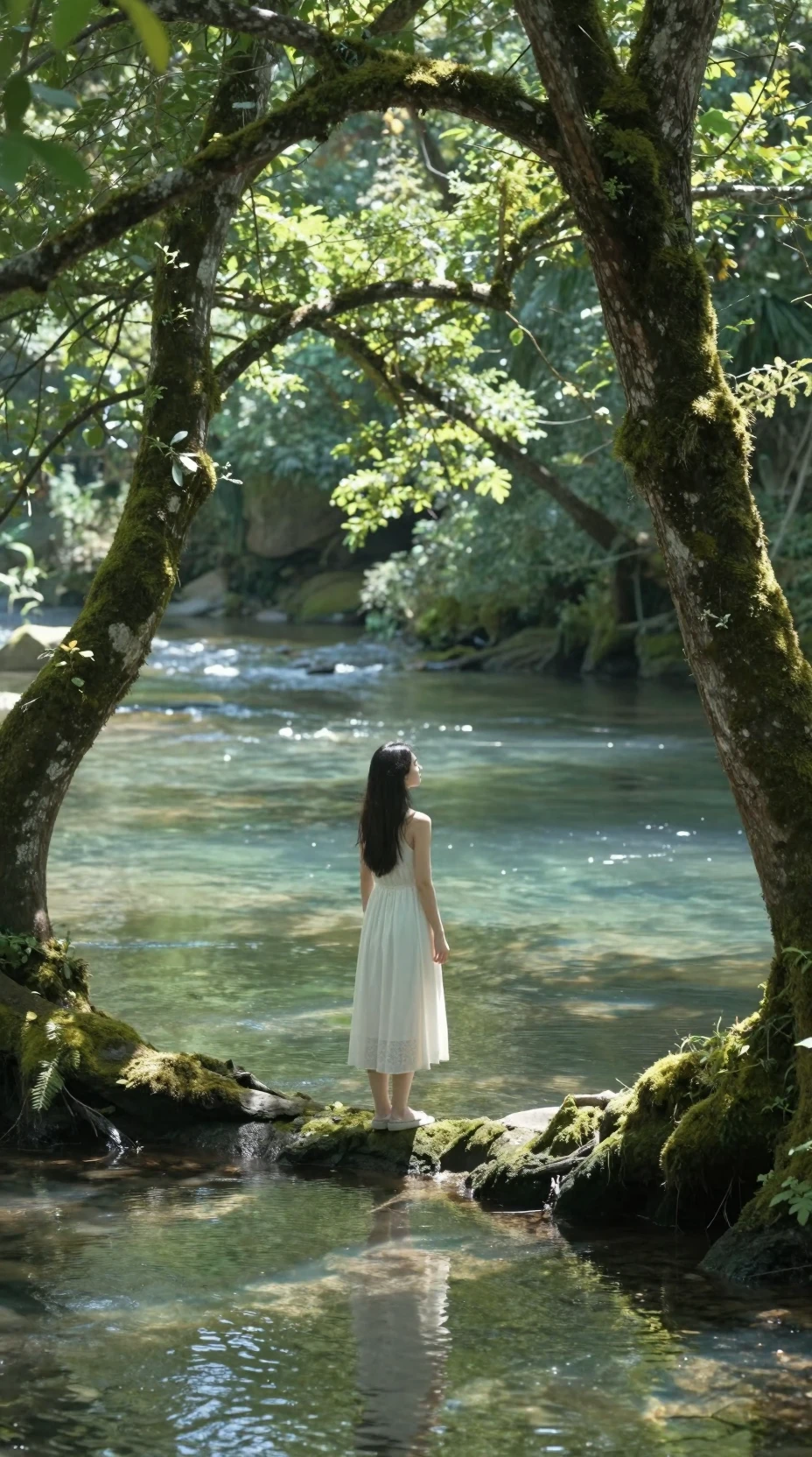 Donna in piedi accanto a un fiume limpido nella foresta sotto una luce soffice