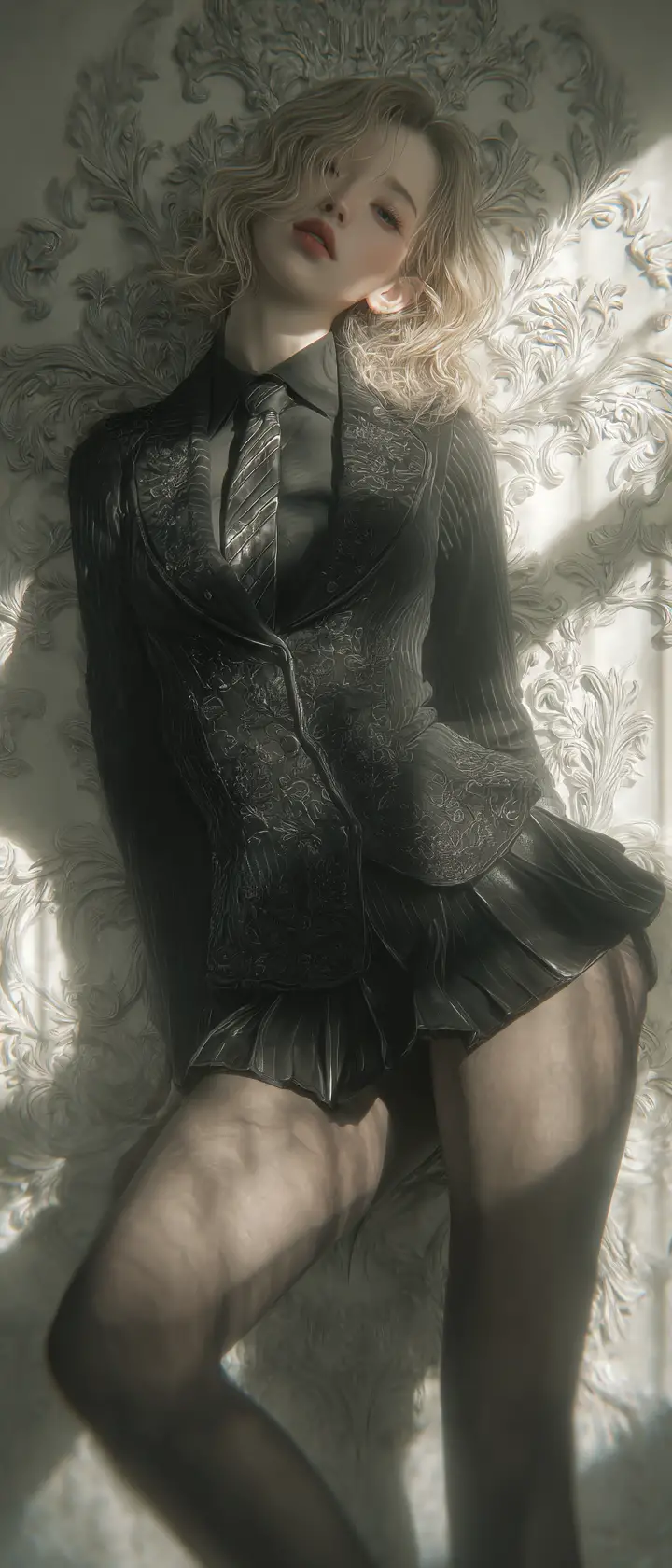 Elegant 3D business woman in dramatic chiaroscuro portrait