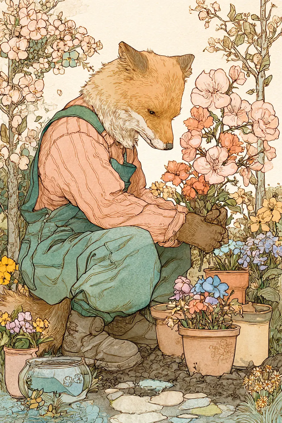 Fox gardener planting flowers in a nostalgic backyard