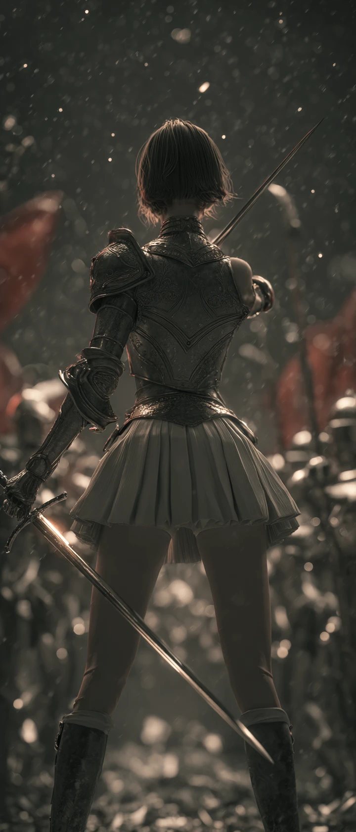 Armored heroine holding a sword in a tense night scene