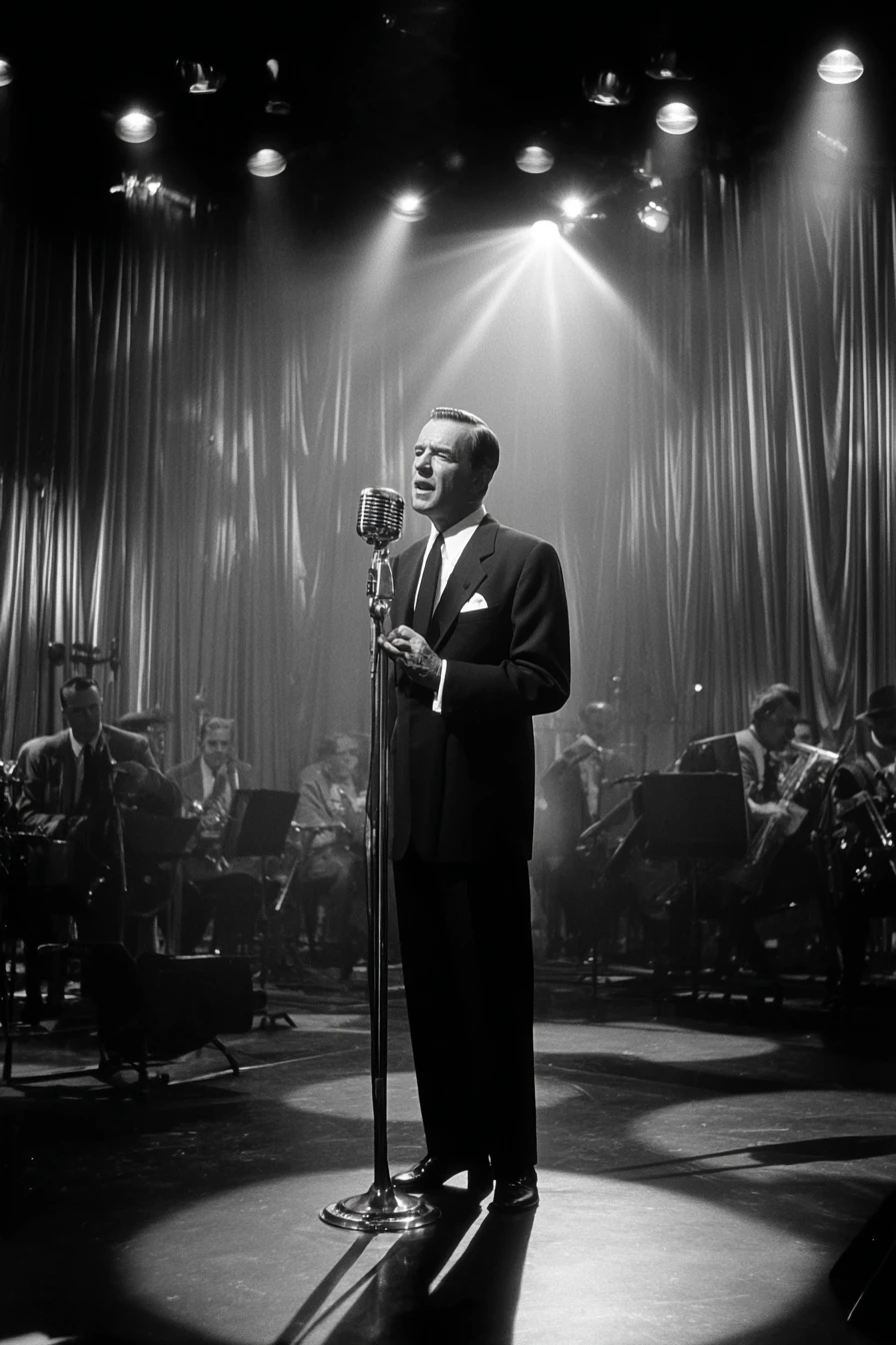 Ed Sullivan im Studio-Scheinwerfer auf einer klassischen TV-Bühne