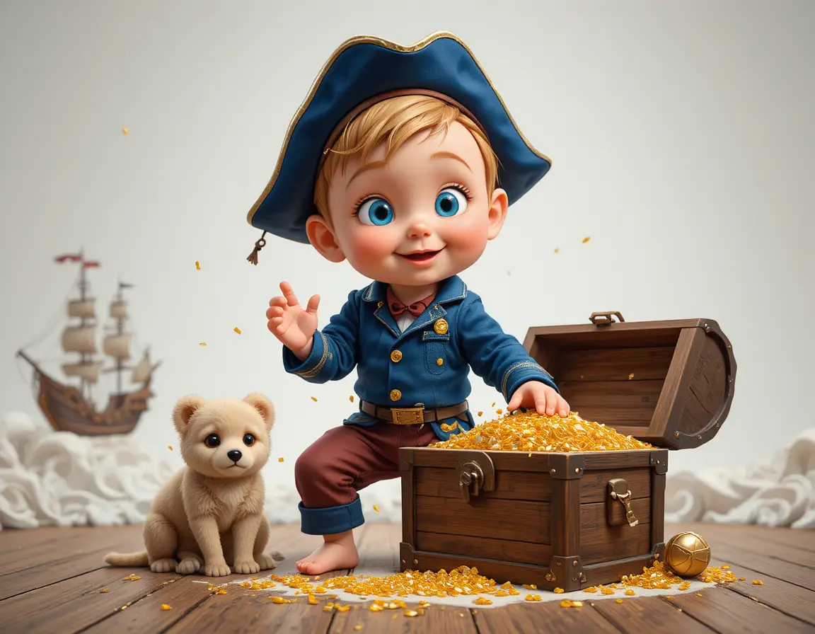 Cute toddler sailor with treasure chest in pirate room