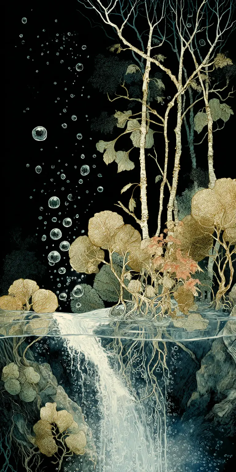 Bosque submarino surreal con agua fluyente y abedules