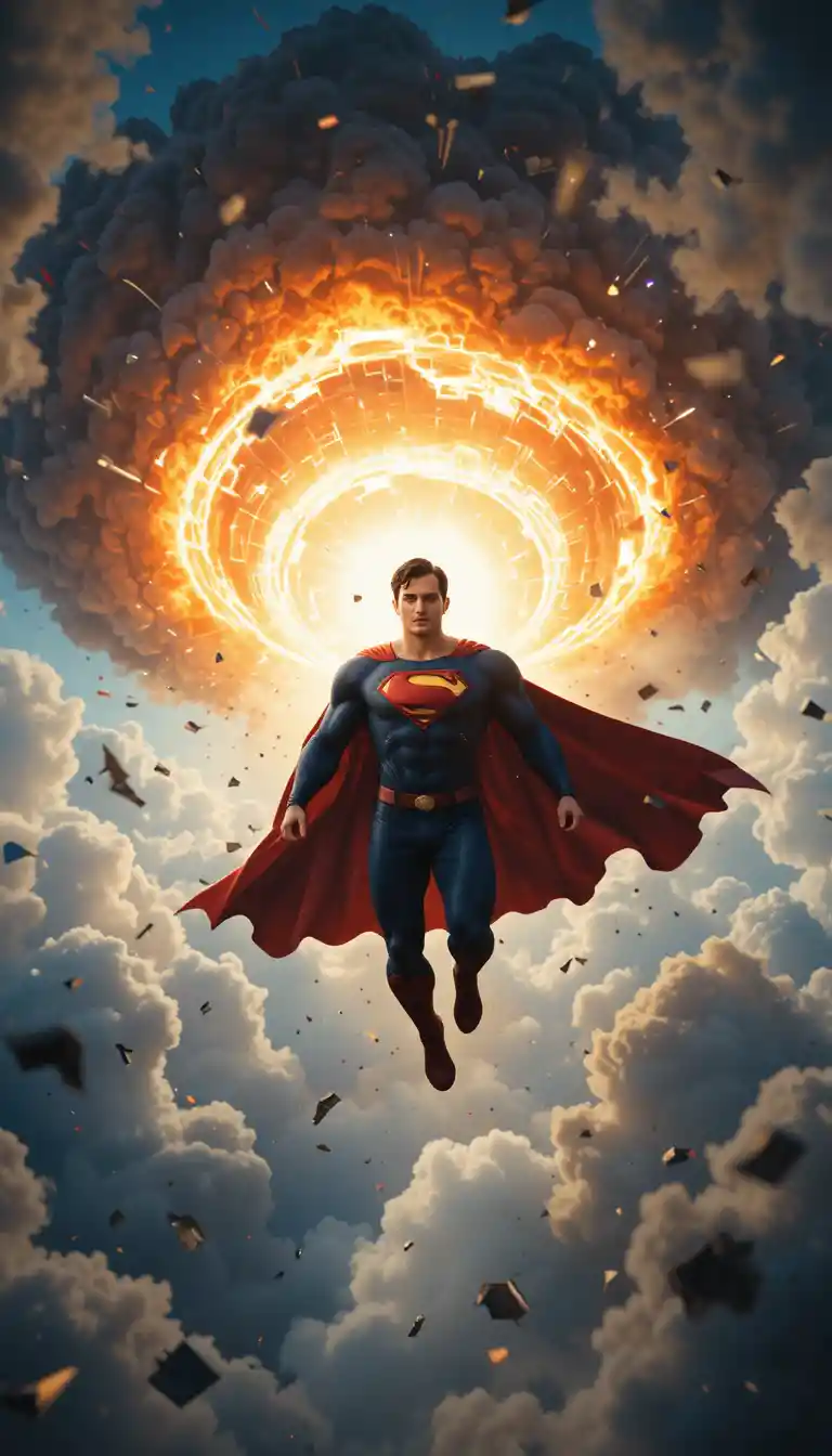 Powerful superhero descending through dramatic stormy sky