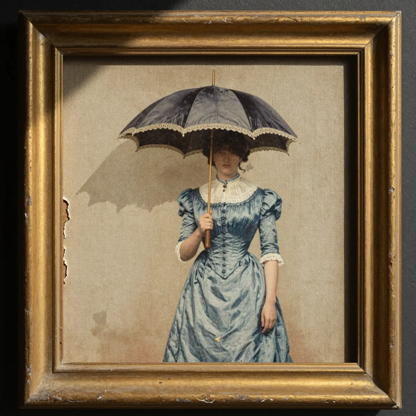 Old broken picture frame with torn canvas in sunlight