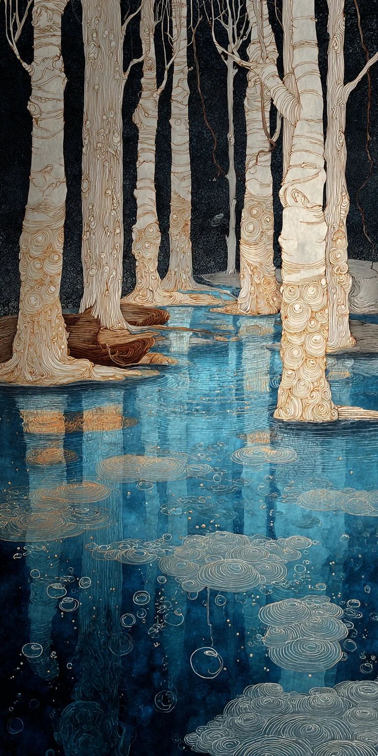 Bosque submarino surreal de agua fluyente y abedules