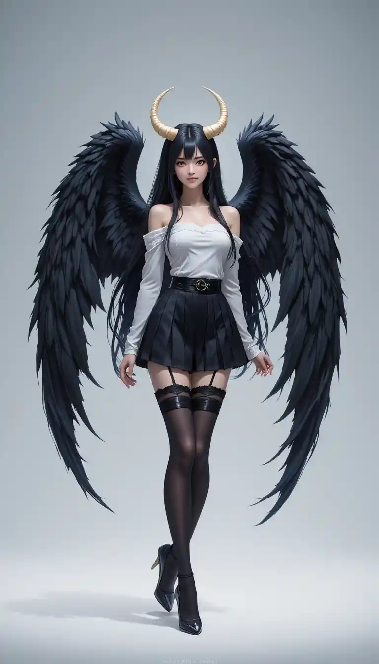 Mysterious fallen angel woman with black wings in studio
