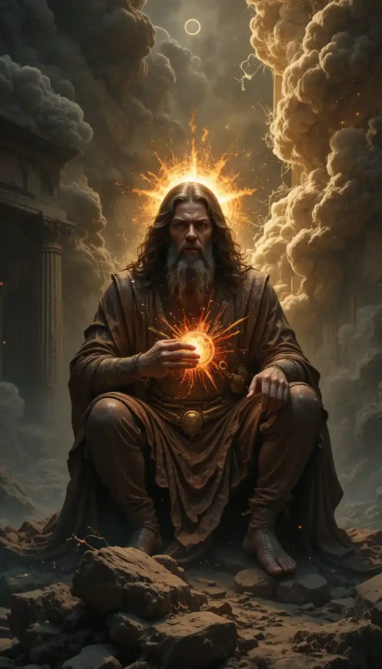 Wrathful biblical man under a dark apocalyptic sky