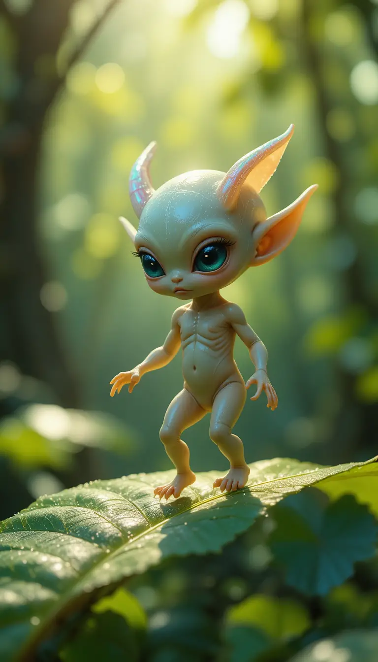 Pequeño bebé alienígena pisando una hoja verde cubierta de rocío