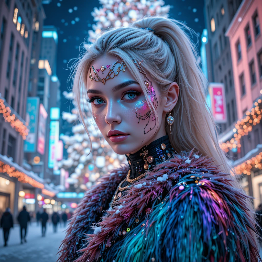 Ritratto di moda cyberpunk in una piazza natalizia futuristica