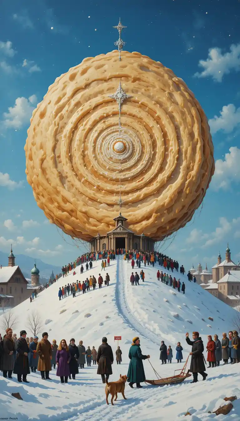 Festival invernale surreale con gigantesco pancake sopra un villaggio innevato