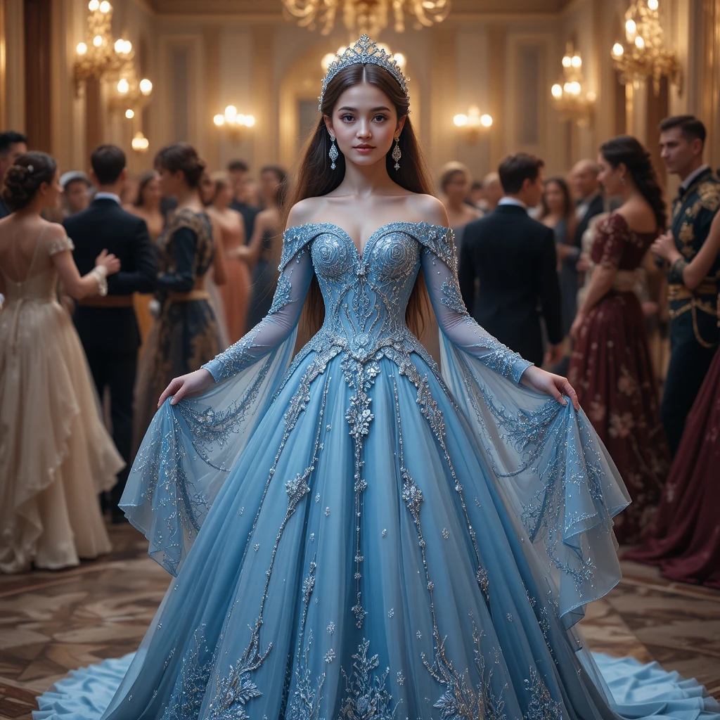 Adolescente em vestido azul gelo em um salão de baile real
