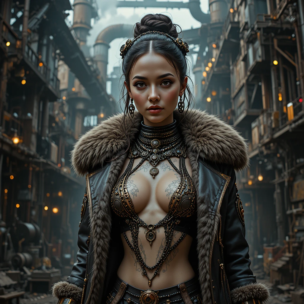 Steampunk heroine portrait in glowing industrial ironworks