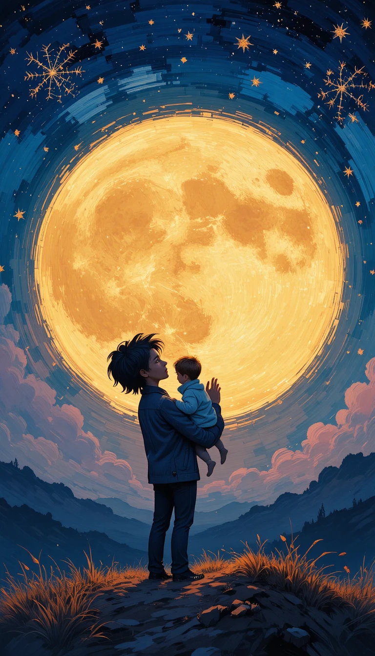 빛나는 달빛 하늘 아래의 부모와 아이