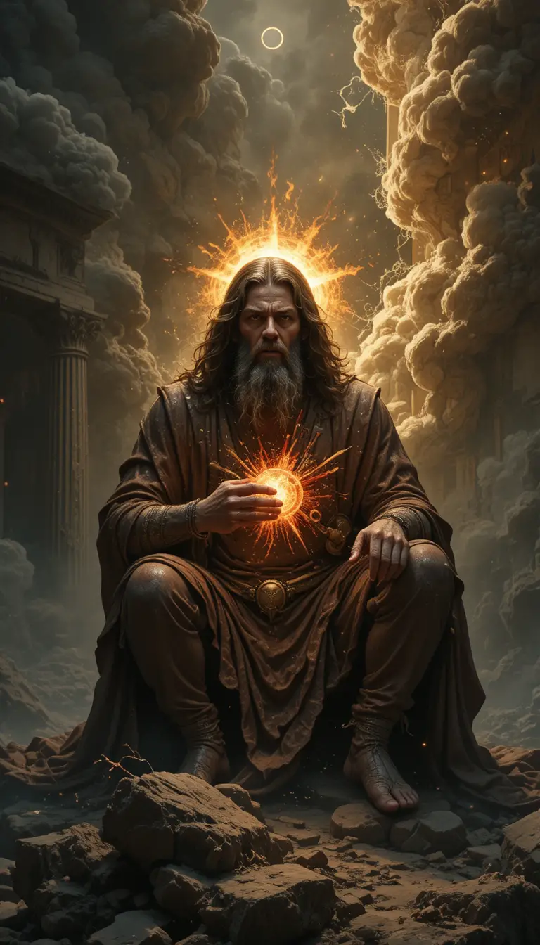 Wrathful biblical man under a dark apocalyptic sky