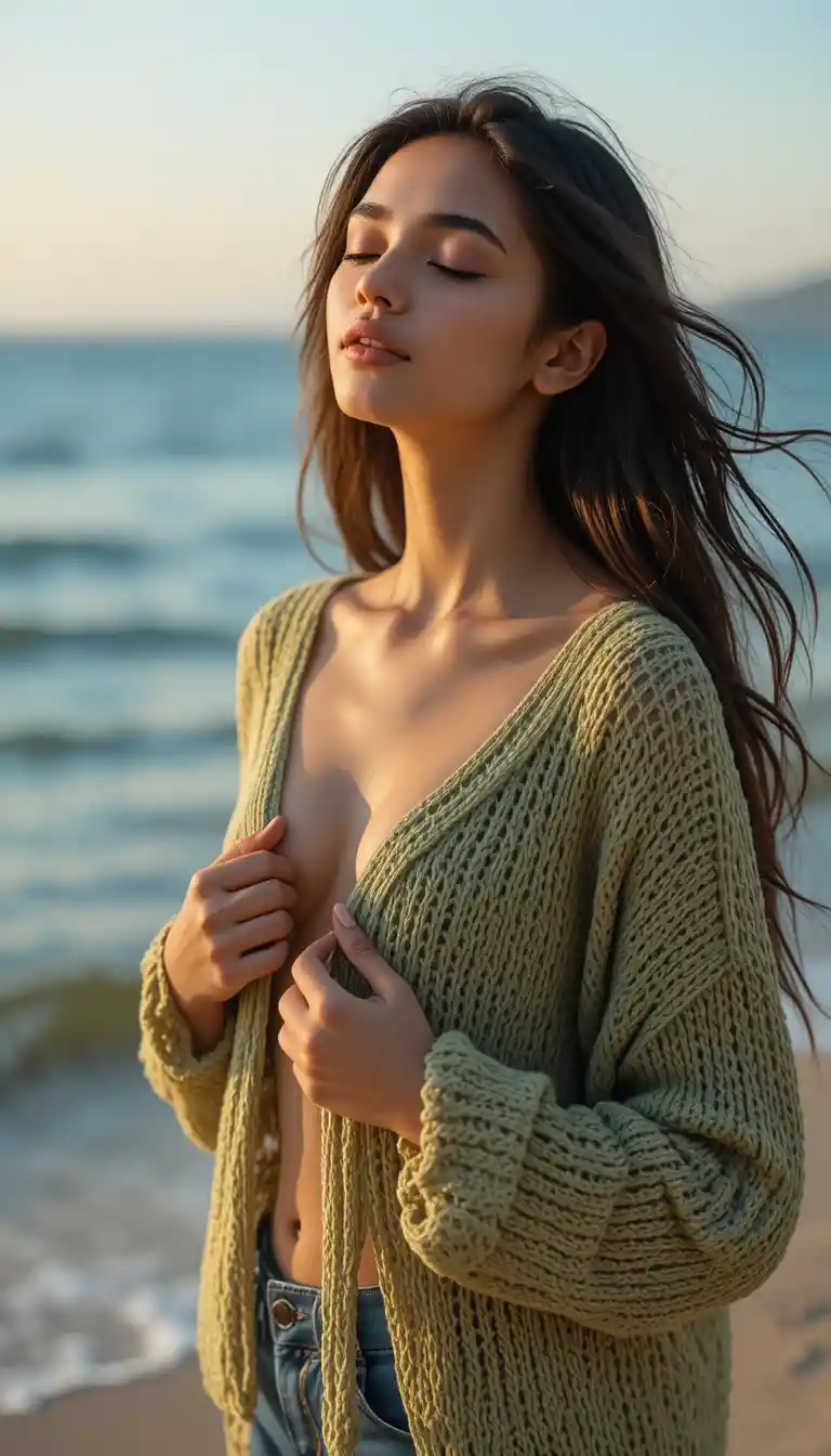 Giovane donna indiana in riva al mare nella luce dell’ora d’oro