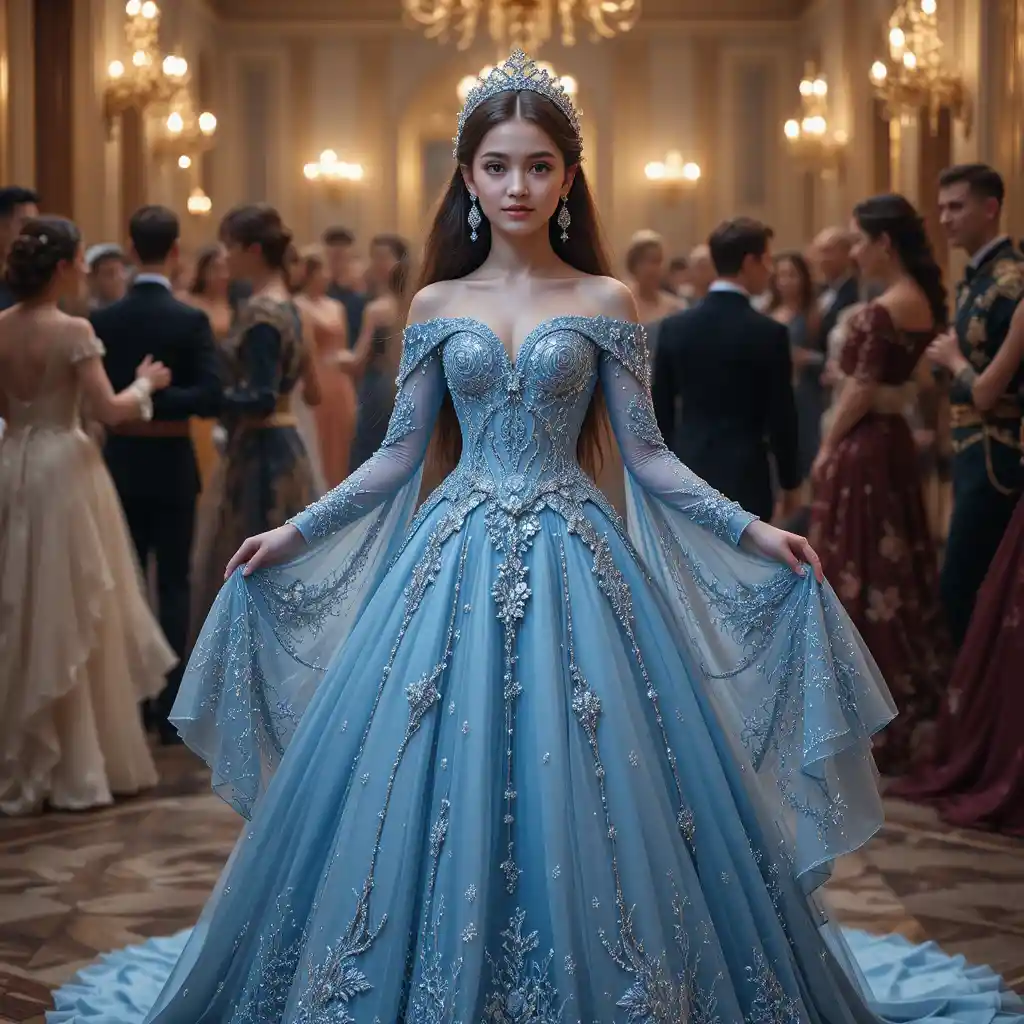 Chica adolescente con vestido azul glaciar en un salón de baile real
