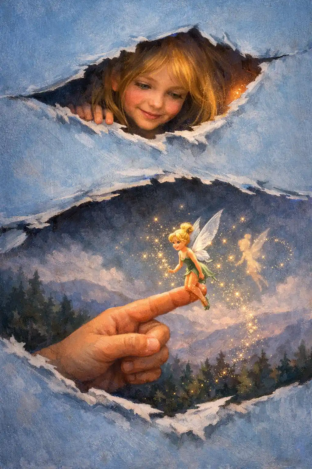 Niña rubia curiosa asomándose por un portal azul mágico