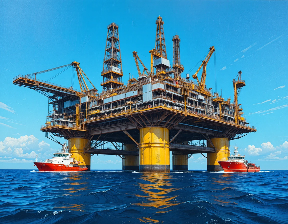 Massive Offshore-Ölplattform unter klarem blauem Himmel