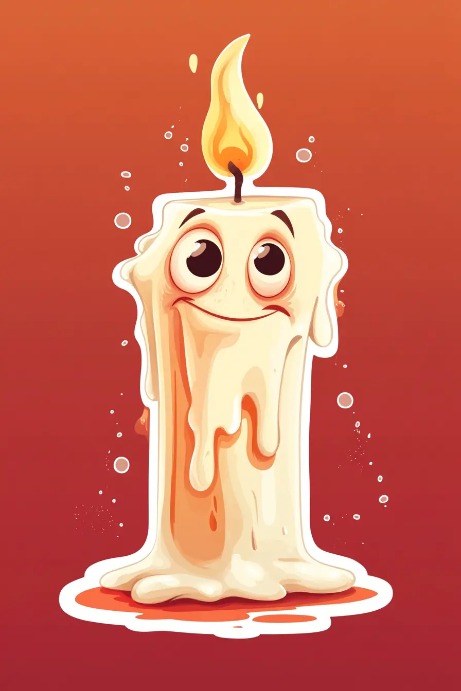 Cartoon melting candle with expressive face and wax tear