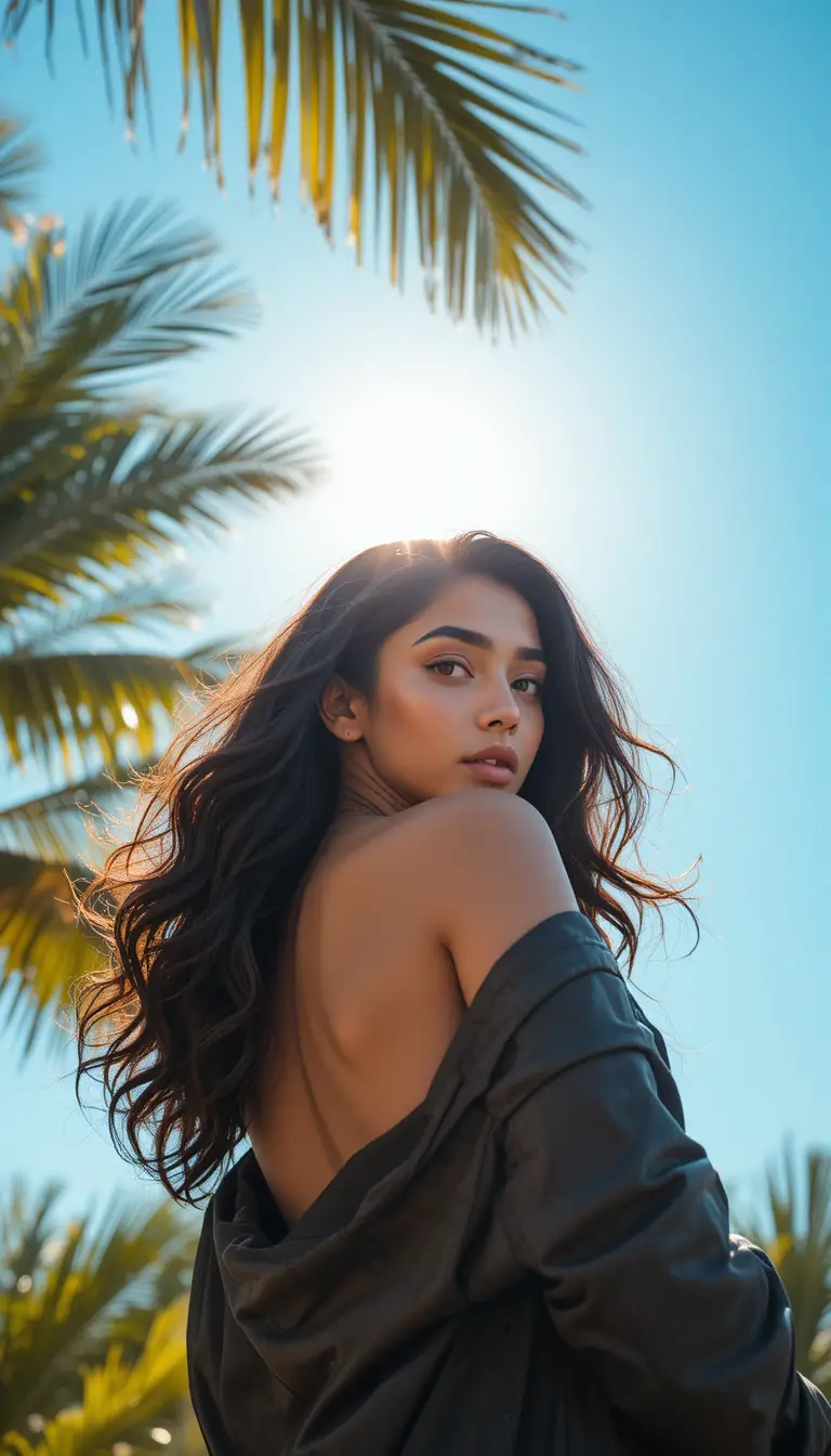 Confident Indian woman in jacket under clear tropical sky