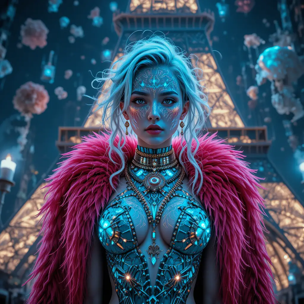 Ritratto di moda neon surreale davanti alla Torre Eiffel