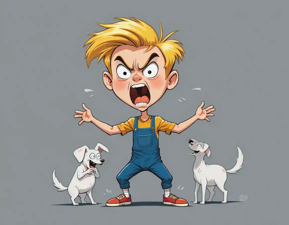 Angry blond boy yelling beside a smiling white dog