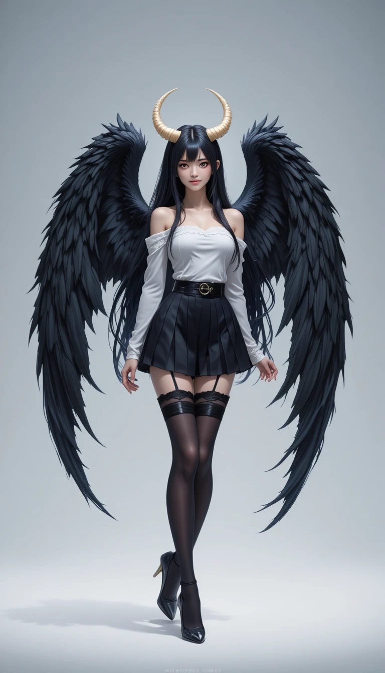 Mysterious fallen angel woman with black wings in studio