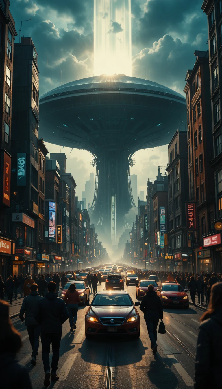 Chaotische Stadtstraße mit zusammenstoßenden Autos unter einem Alien-Raumschiff