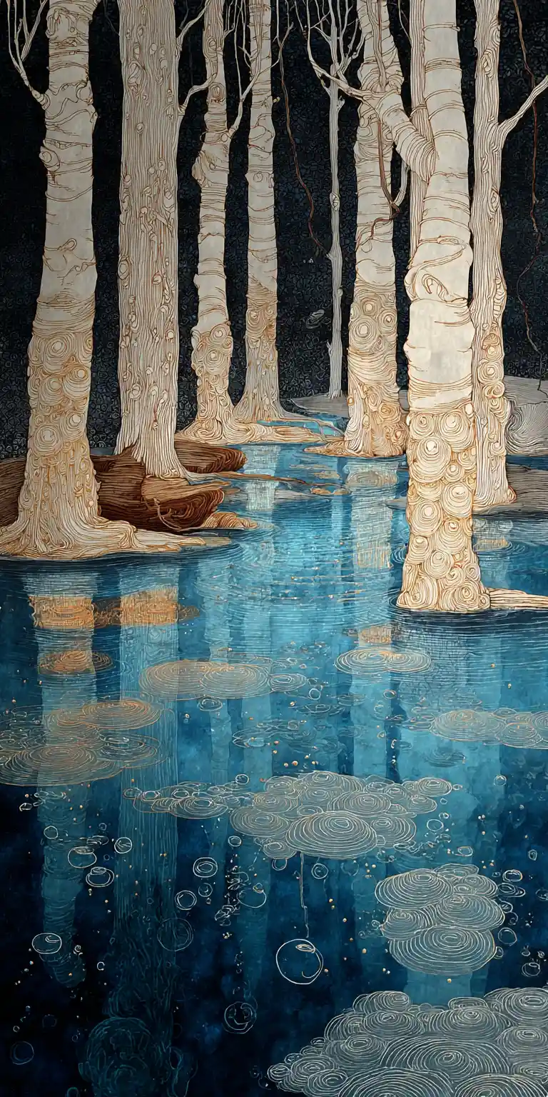 Surreal underwater forest of flowing water and birch trees