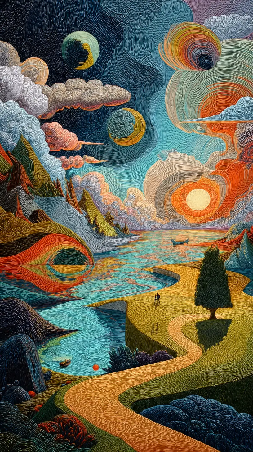 Surreal dreamlike landscape with vibrant swirling abstract patterns