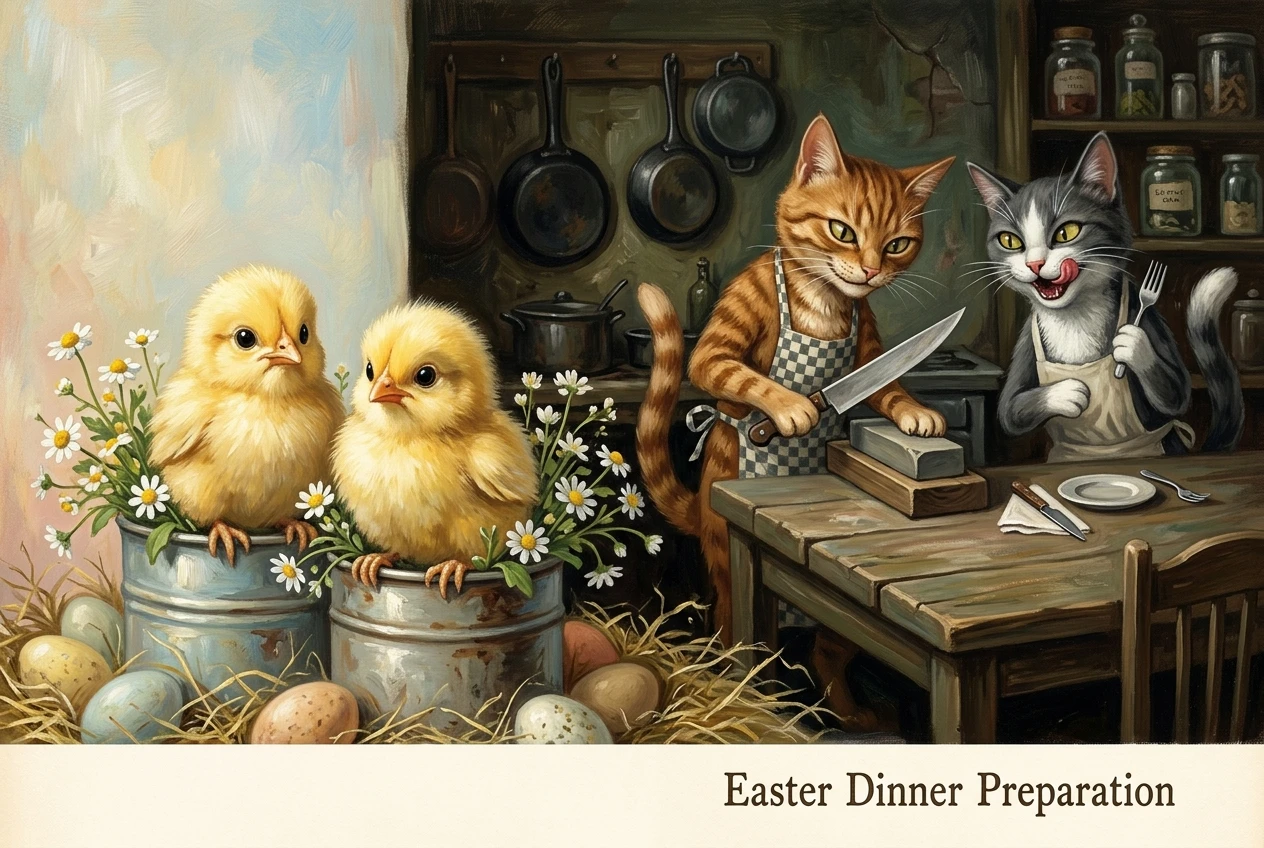 Fluffy yellow chicks resting among flowers and easter eggs