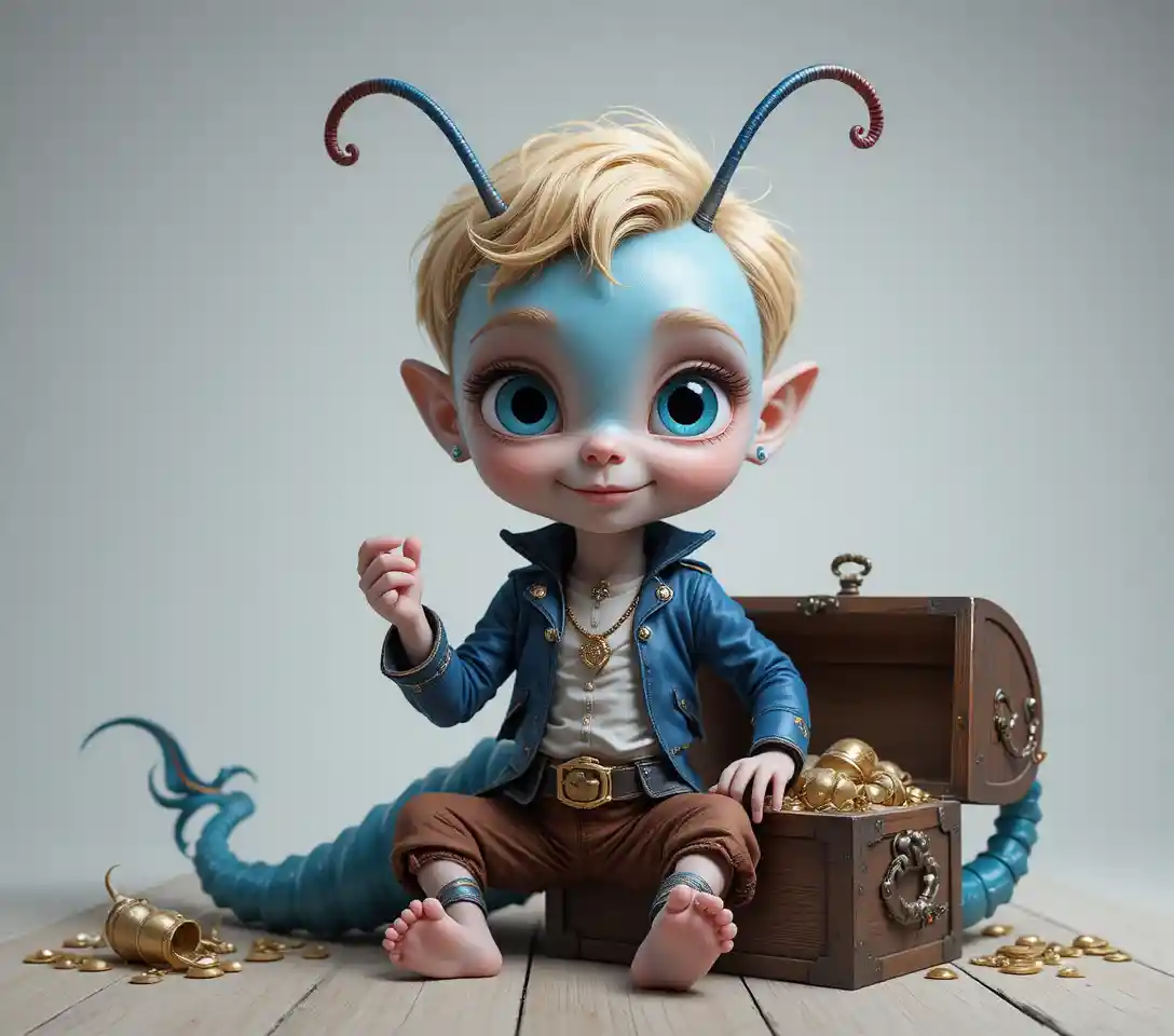 Cute toddler in sailor outfit discovering pirate treasure chest
