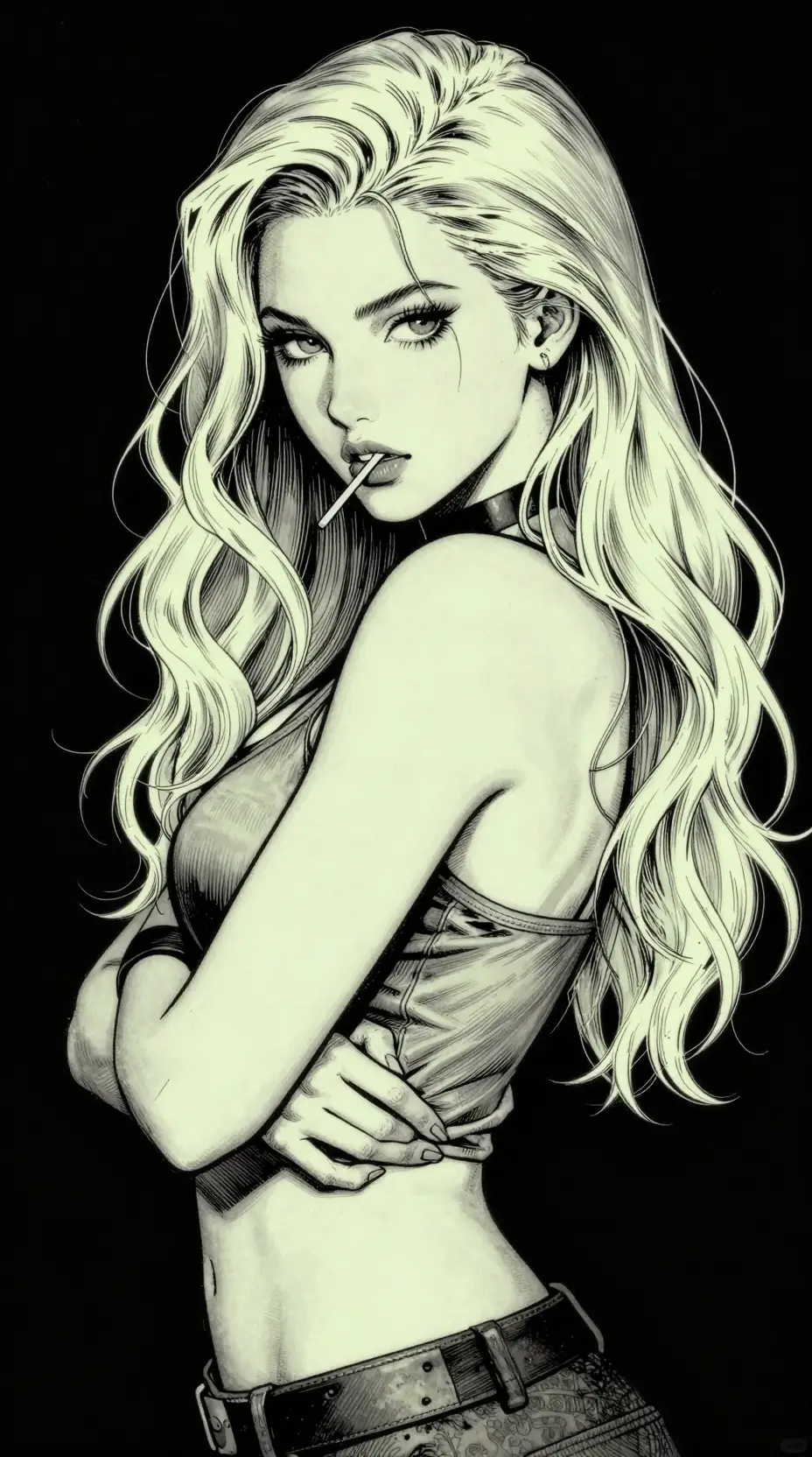 Fille de comic noir aux bras croisés et aux cheveux blonds