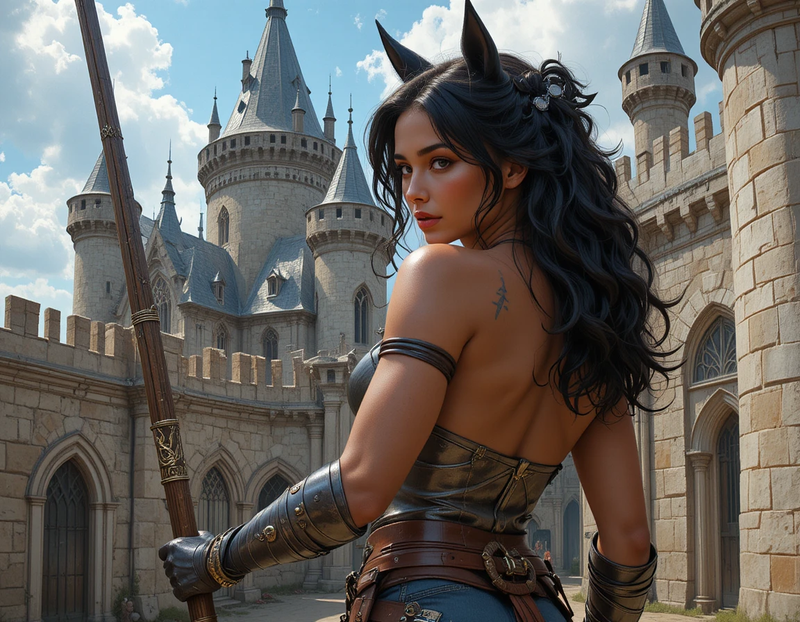 Guerriera latina fantasy in armatura con una spada