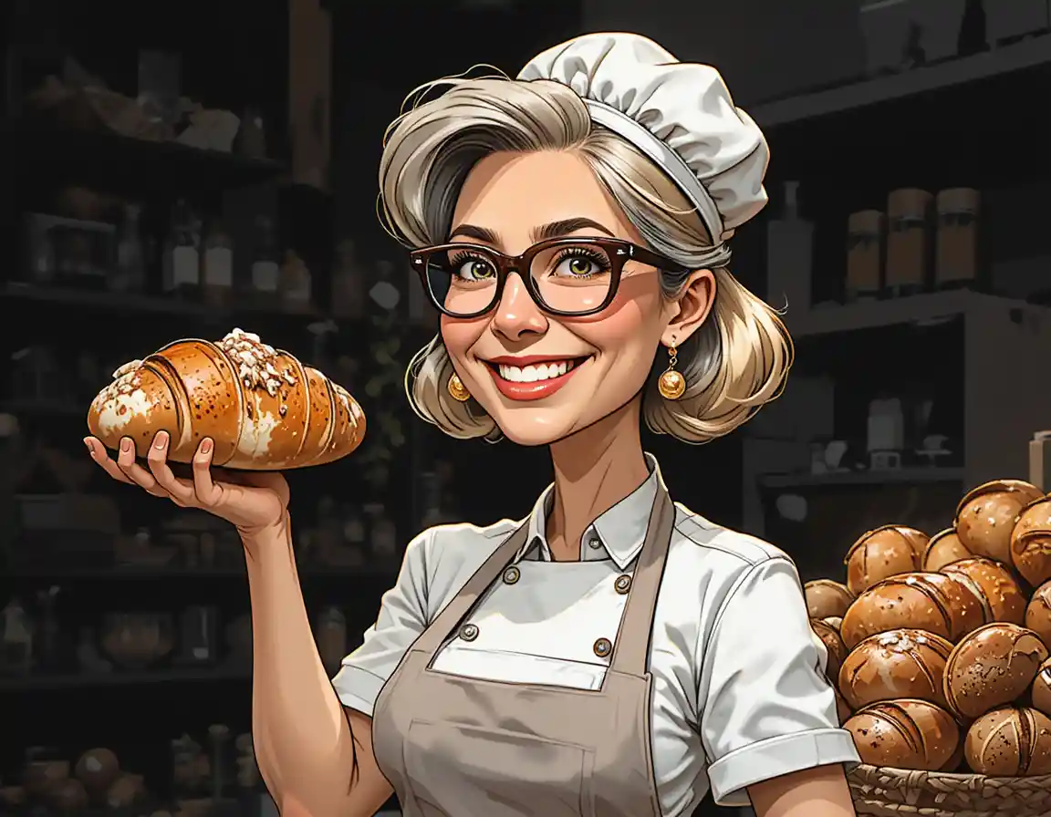 Fornaia matura sorridente che tiene un pane rustico a figura intera