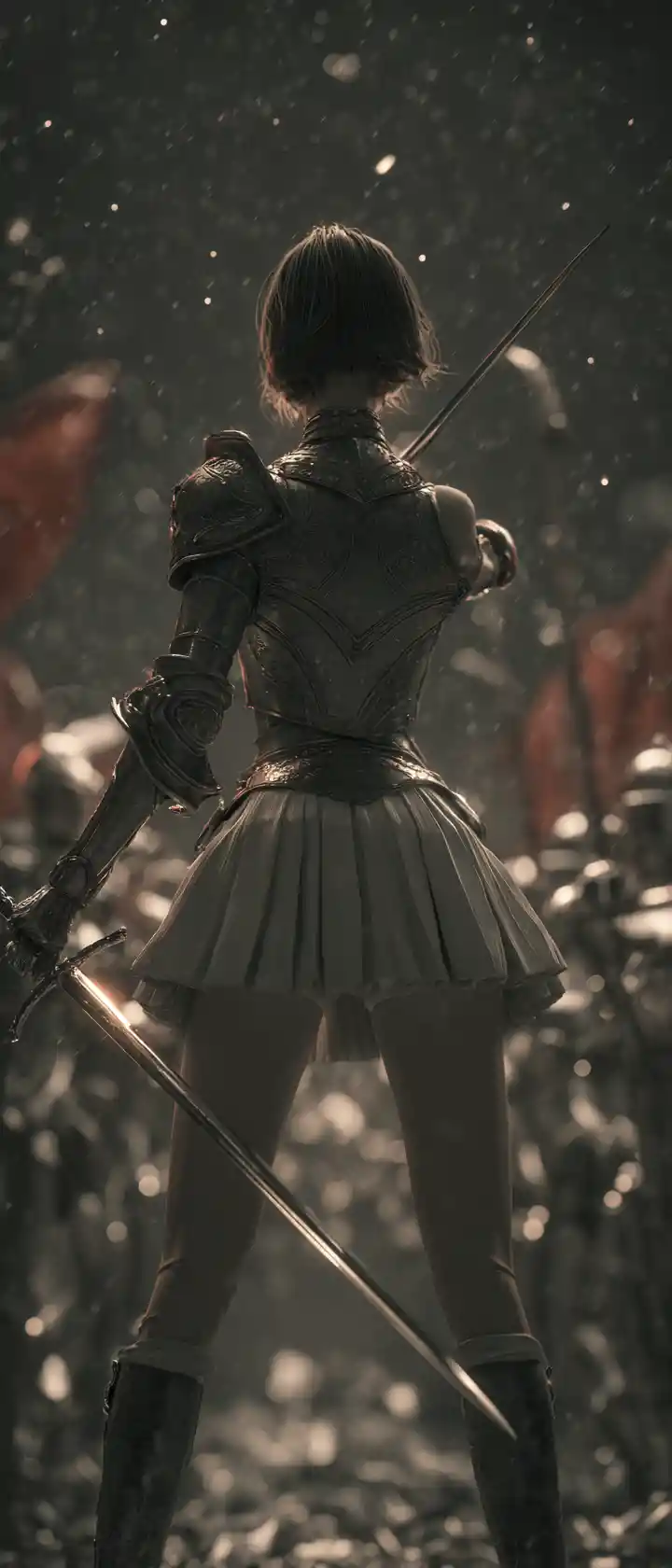 Armored heroine holding a sword in a tense night scene