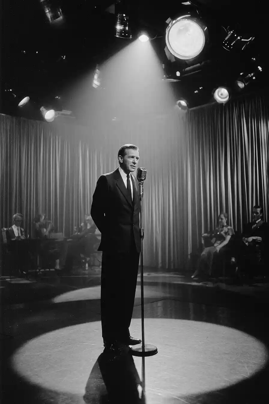 Ed Sullivan stellt Künstler auf einer klassischen TV-Bühne der 1950er-Jahre vor