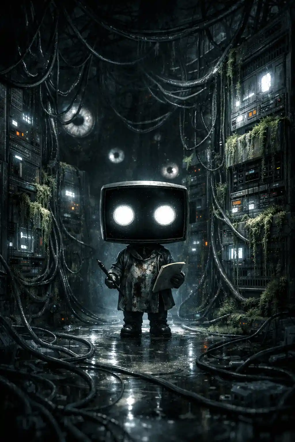 Ominous AI artist in a dark pulsating server room