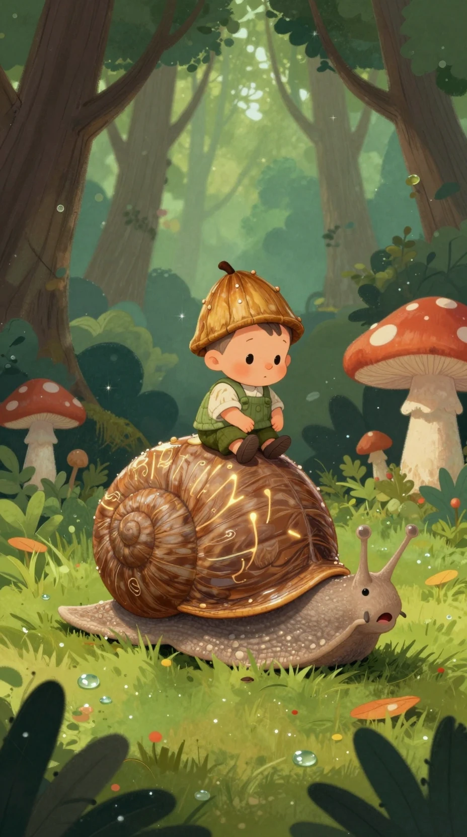 Bébé gnome chevauchant un escargot géant dans une forêt perlée de rosée