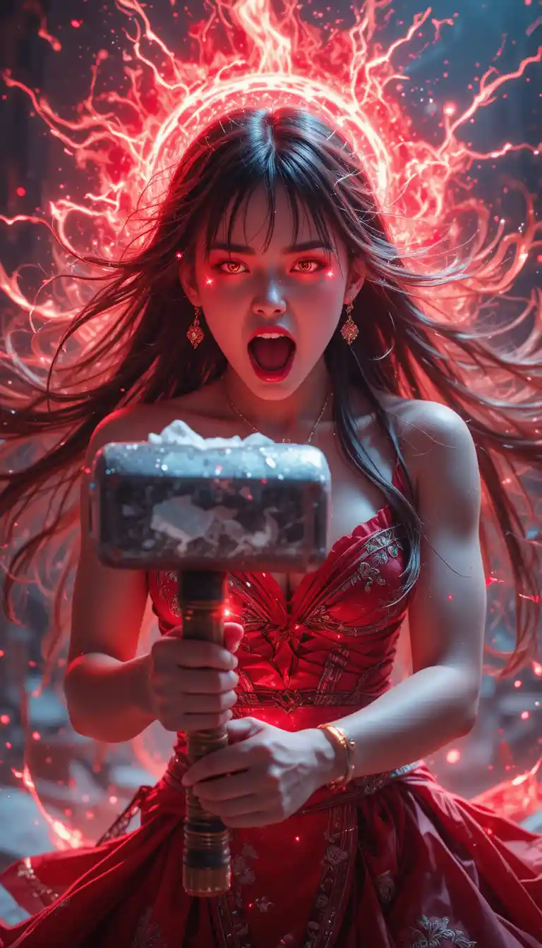 Japanese idol girl unleashing violent red magical power