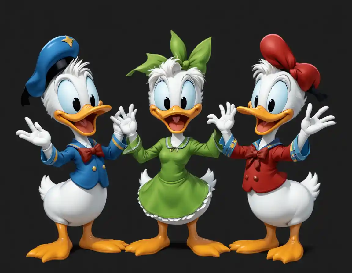 Three happy cartoon ducklings standing on black background