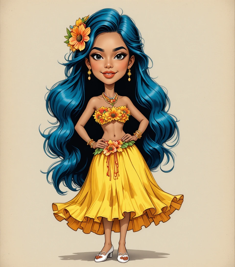 Hula dancer in yellow skirt with blue long hair standing