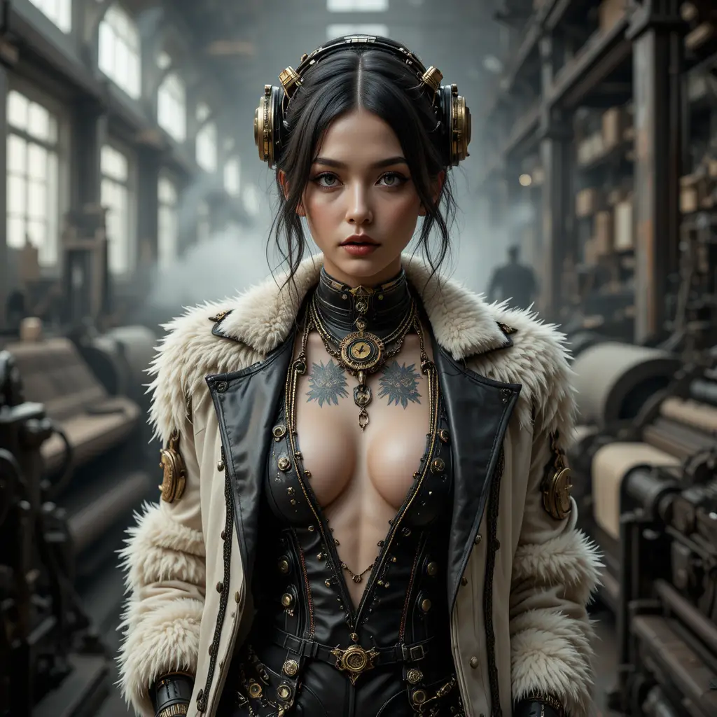 Donna steampunk fashion in primo piano in una fabbrica cinematografica