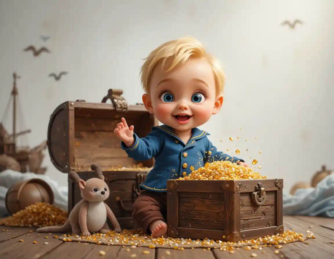 Cute baby sailor with treasure chest in pirate room