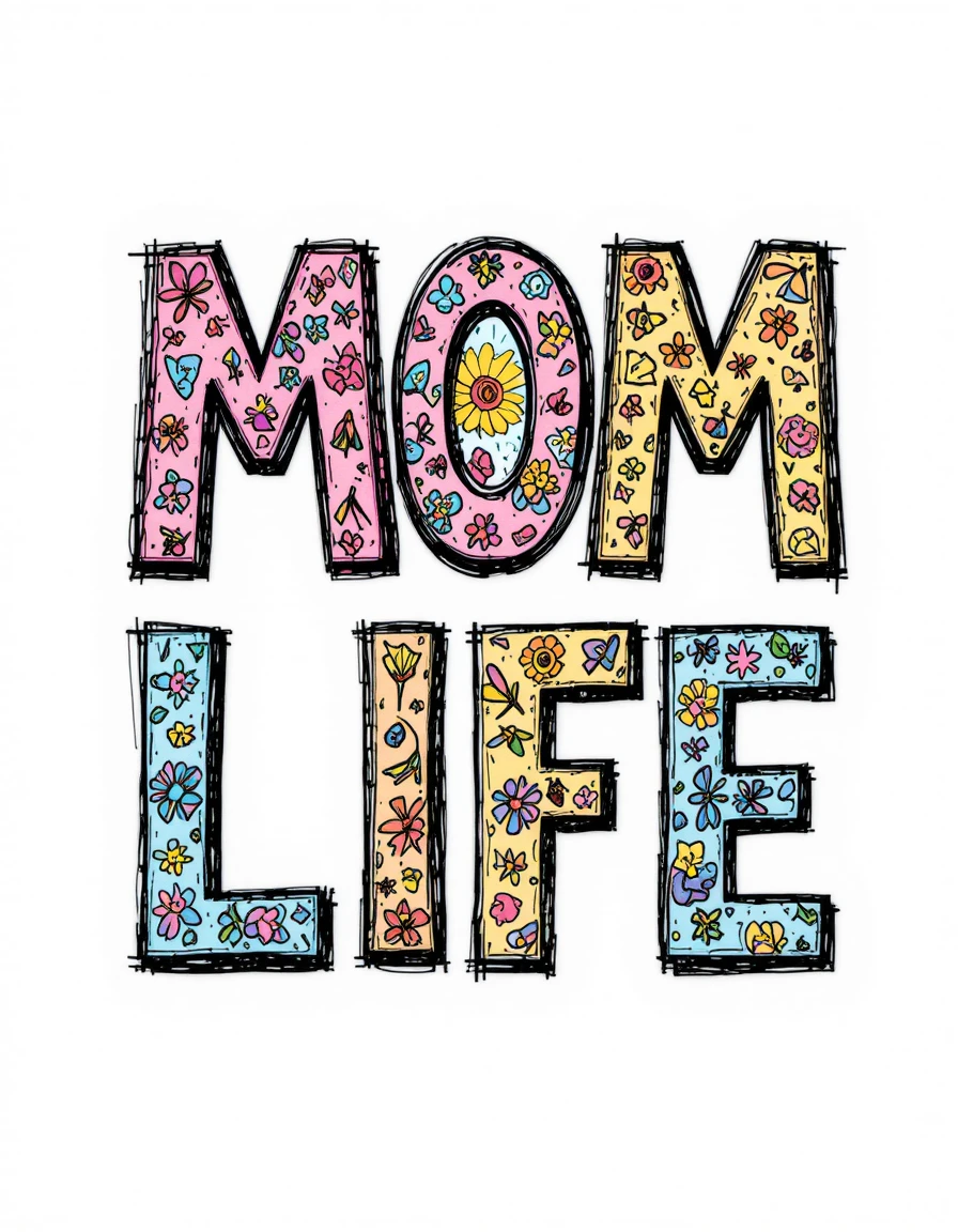 カラフルな花柄落書きが楽しい「MOM LIFE」レタリング