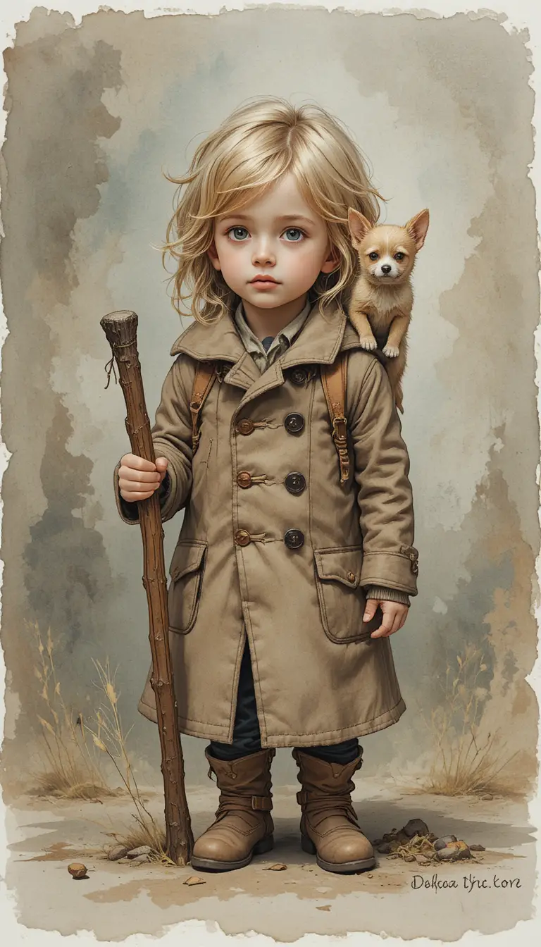 Serene watercolor portrait of a child with terrier companion