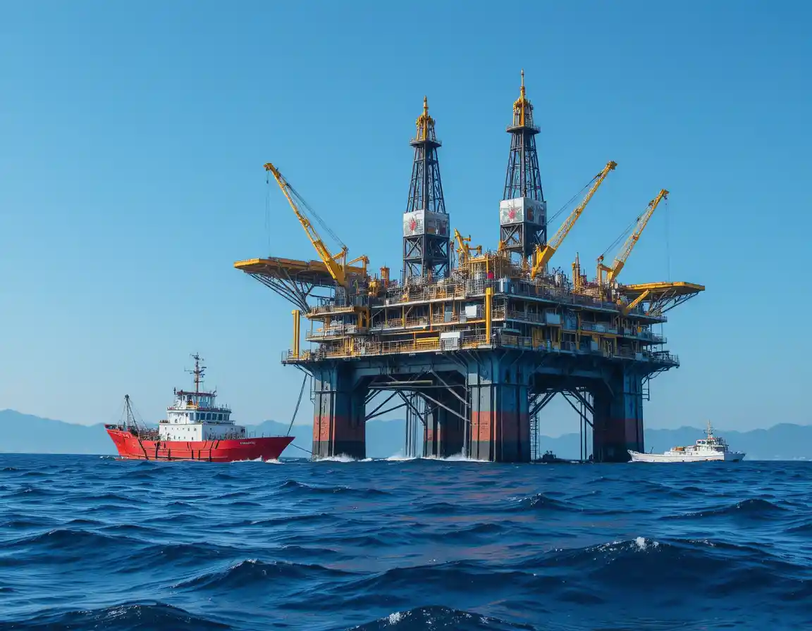 Red offshore cargo ship near large oil drilling platform